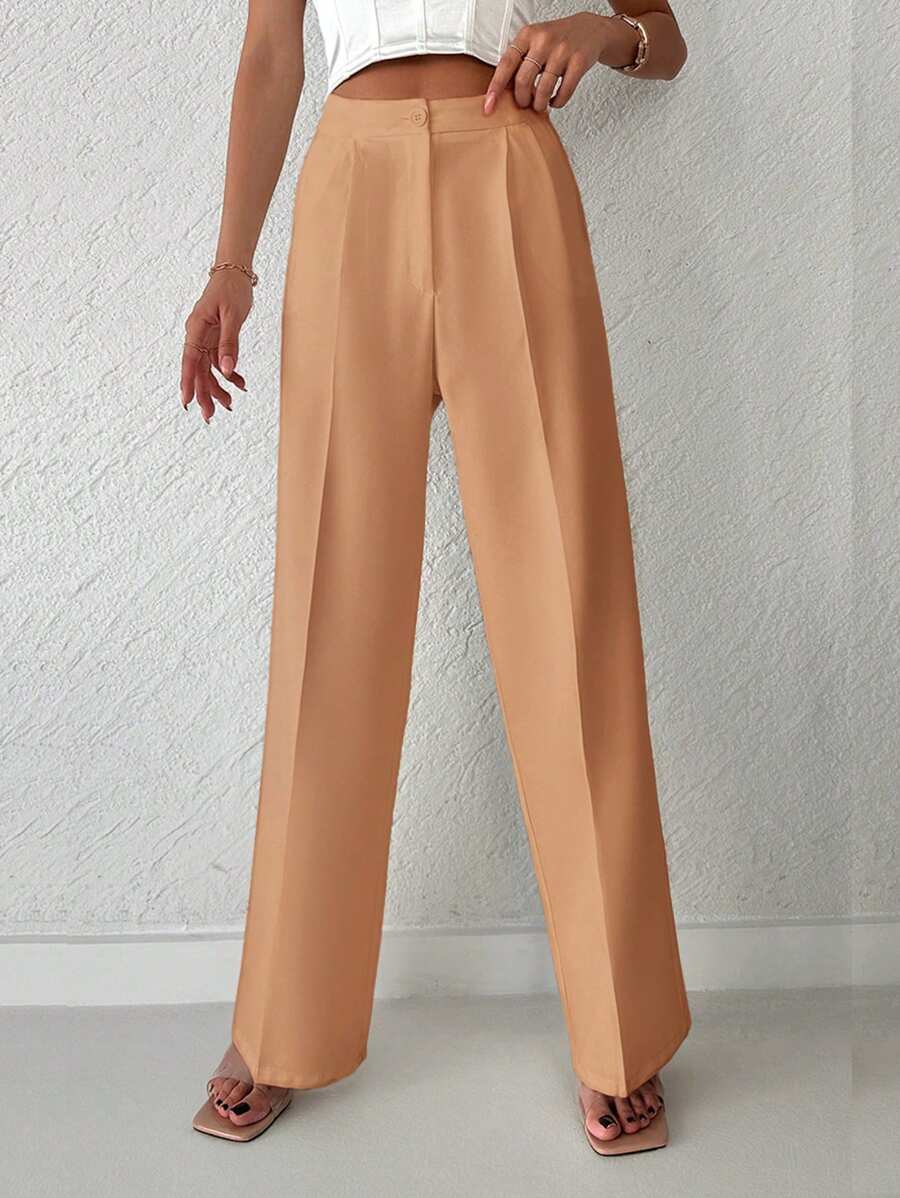 SHEIN Cottnline Solid High Waist Plicated Detail Straight Leg Pants - Brown - View 1
