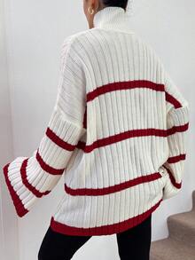 EURMUSE Women's Contrast Color Striped High Neck Batwing Sleeve Sweater - Red and White - View 3