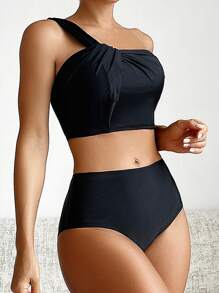 SHEIN Swim Vacation Solid One Shoulder Ruched Tankini Swimwear Summer - Black - View 4