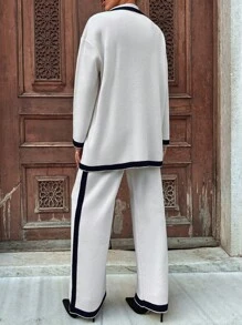 EURMUSE 女性撞色雙排扣開襟衫和長褲兩件套套裝 - 藏蓝色 - 查看 2