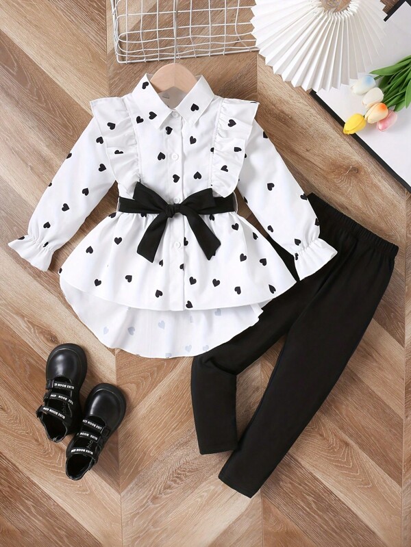 SHEIN Ensemble de deux pièces pour jeune fille pour le printemps et l'automne, avec haut ceinturé et leggings, avec un sens de la conception et de la qualité
