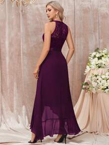 MIUSOL Vestido largo de noche con cuello halter, encaje floral, parches y volantes en el bajo - Granate - Ver 2