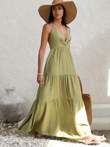 RueChic Solid Linen Look Backless Tied Up Layered Maxi Cami Dress - Olive Green - View 3