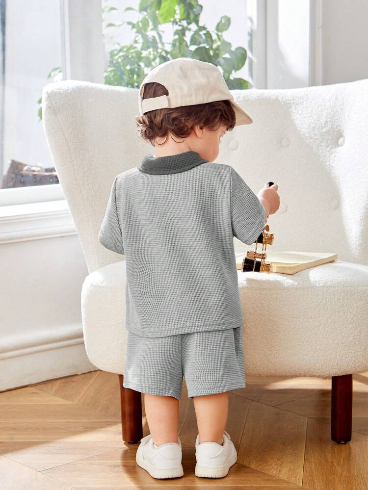 Baby Boy Light Grey Summer Casual Family Matching Back-To-School Korean Style Embroidery Letter Color Block Short Sleeve Polo Shirt & Shorts Set