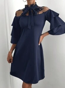 SHEIN Flocked Mesh Ribbon Insert Tie Neck Flare Sleeve Dress