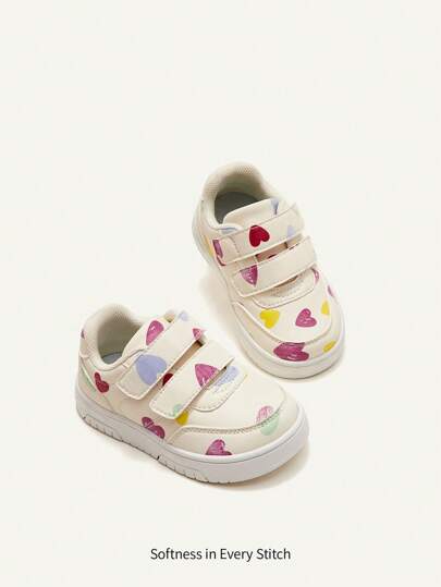 Cozy Pixies Baby Girls' Super Soft Heart Printed Anti-collision Toe And Anti-slip Sole Sneakers