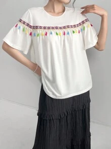 Seusyu 女士幾何圖形緞帶拼接流蘇裝飾t恤 - 白色 - 查看 6