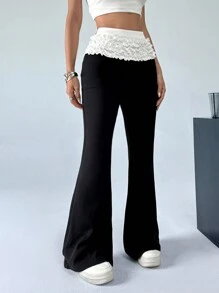 SHEIN EZwear Spring/Summer Casual Wide-Leg Pants With Lace Patchwork - Black - View 1