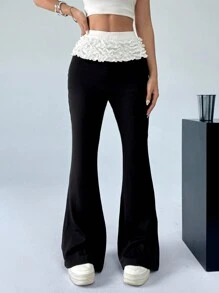 SHEIN EZwear Spring/Summer Casual Wide-Leg Pants With Lace Patchwork - Black - View 3