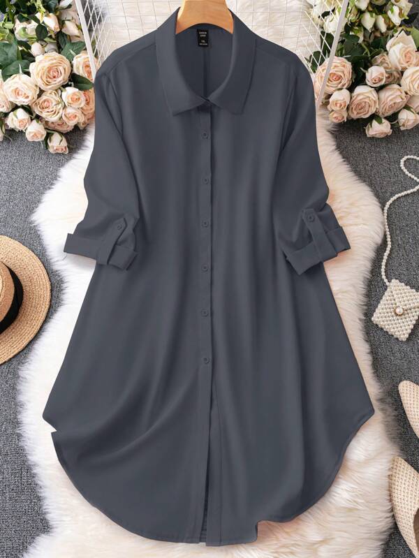 SHEIN LUNE Plus Size Solid Color Rolled Sleeve Arc Hem Casual Dress For Spring And Summer