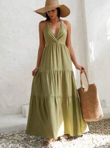 RueChic Solid Linen Look Backless Tied Up Layered Maxi Cami Dress - Olive Green - View 5