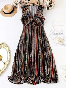 Plus Size Surplice Neck Summer Dress With All Over Print And Cinched Waist Maxi Women Outfit - Multicolor - View 1