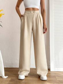 EURMUSE Pantalones Beige Para Mujer Con Detalle De Botón En La Cintura - Beis - Ver 5