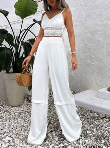 RueChic Boho Lace Detailed Wide Leg Pants - White - View 4