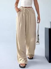 SHEIN EZwear Pantalones de lino para mujeres - Albaricoque - Ver 4