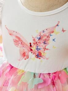 SHEIN Vestido de malla de mariposa con estampado de parche de patrón de mariposa tejido elegante y romántico para niña - Multicolor - Ver 4