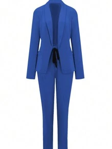 Women's Solid Color Lapel Collar Long Sleeve Blazer And Pants 2 Pieces Set - Royal Blue - View 1