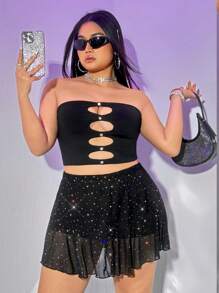 SHEIN ICON Falda De Malla Y Lentejuelas De Moda De Talla Grande - Negro - Ver 4