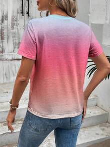 SHEIN LUNE Damen Farbverlauf Kurzarm Slim Fit T-Shirt für Urlaub und Entspannung - Heißes Pink - Übersicht 2
