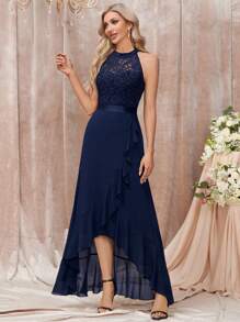 MIUSOL 花卉蕾丝拼接荷叶边露背晚礼服 - 藏蓝色 - 查看 6