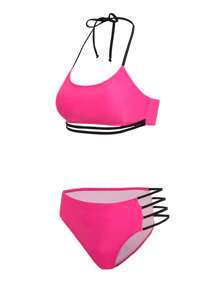 SHEIN Swim Conjunto de bikini de color de contraste con diseño calado para mujeres, para playa de verano