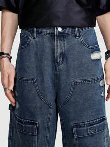 ROMWE MEN Street Life Nam Washed Đau Khổ Nhiều Túi Denim Hàng Quần Short Baggy Dài Đến Đầu Gối Quần Jean Baggy Cho Mùa Hè - Màu xanh lam - Xem 4