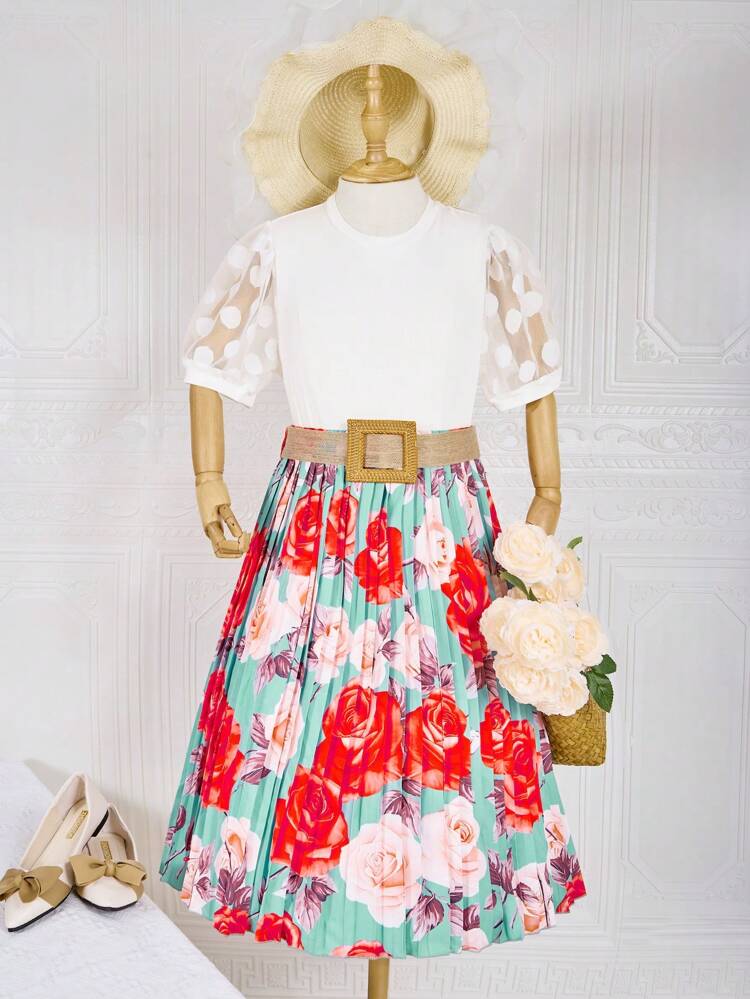 Tween Girl Mesh Splice Short Sleeve T-Shirt With Flower Print Pleated Skirt & Belted Elegant 2pcs Set For Spring Summer Vacation