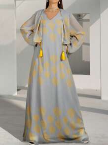 V-Neck Long Sleeve Fringe Embellished Long Arab Flower Print Robe Dress - Grey - View 1