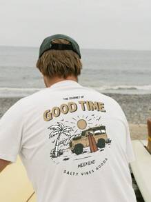 Men's Car & Letter Print Short Sleeve T-Shirt - White - View 1