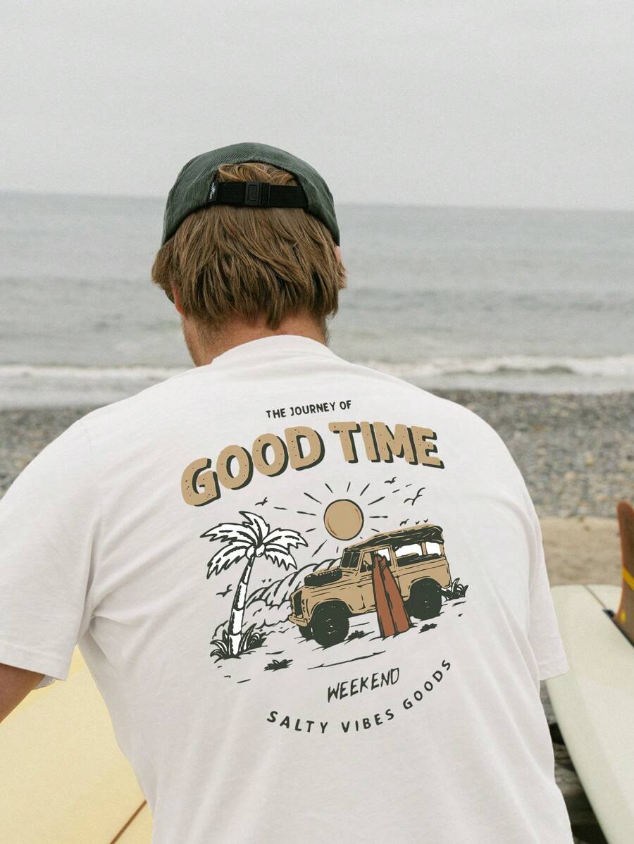 Men's Car & Letter Print Short Sleeve T-Shirt - White - View 1