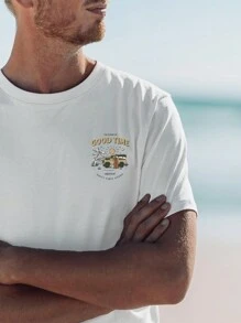 Men's Car & Letter Print Short Sleeve T-Shirt - White - View 3