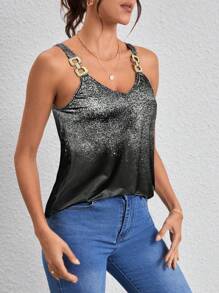 SHEIN Clasi 女士闪光印花和金属链装饰背心图案 T 恤女士上衣 - 黑色 - 查看 3