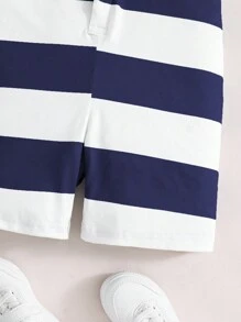 SHEIN 1入組條紋花樣男童連身褲，適用於夏季假期和休閒穿著 - 藍色 - 查看 3