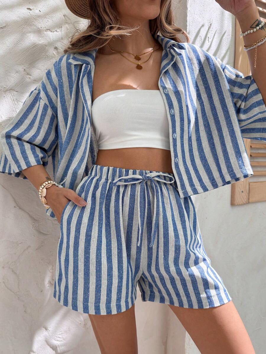 Linen Look Short Sleeve Shirt & Short Two Piece Set - Multicolor - View 1