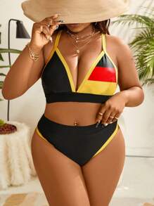 SHEIN Swim Curve Plus Size Color-Block V-Neck Bikini Set For Summer Beach Holiday - Multicolor - View 2