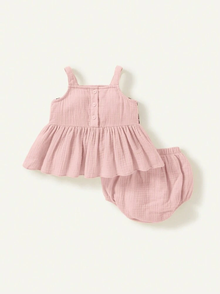 Baby Girl Knitted Splice Sleeveless Strap Dress With Floral Pattern And Bloomers Set