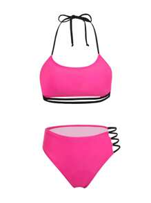 SHEIN Swim Conjunto de bikini de color de contraste con diseño calado para mujeres, para playa de verano
