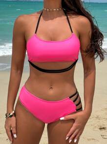 SHEIN Swim Conjunto de bikini de color de contraste con diseño calado para mujeres, para playa de verano