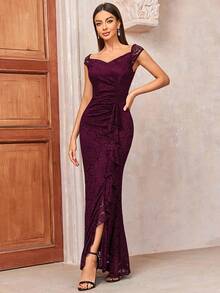 MIUSOL Đầm dự tiệc cưới ren hoa toàn bộ cổ tim tay lửng viền bèo xẻ đùi, váy dự tiệc cưới, váy trang trọng, váy dạ hội - Màu Đỏ Sâu - Xem 4