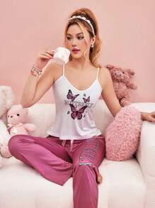 SHEIN Women Butterfly And Letter Printed Tank Top And Long Pants Pajama Set - Multicolor - View 5