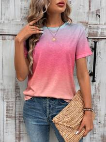 SHEIN LUNE Damen Farbverlauf Kurzarm Slim Fit T-Shirt für Urlaub und Entspannung - Heißes Pink - Übersicht 1