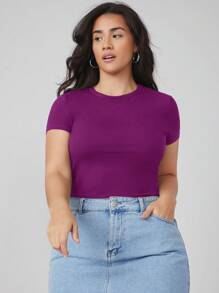 SHEIN BASICS Plus Size Women Summer Solid Color Round Neck Short Sleeve Casual T-Shirt - Purple - View 5