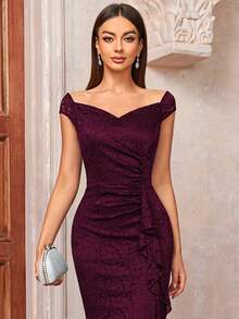 MIUSOL Đầm dự tiệc cưới ren hoa toàn bộ cổ tim tay lửng viền bèo xẻ đùi, váy dự tiệc cưới, váy trang trọng, váy dạ hội - Màu Đỏ Sâu - Xem 8