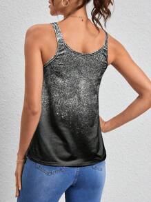 SHEIN Clasi 女士闪光印花和金属链装饰背心图案 T 恤女士上衣 - 黑色 - 查看 2