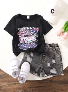 SHEIN Young Girl Summer Letter & Car Print Round Neck Short Sleeve T-Shirt And Ripped Shorts Casual Two Pieces Set - Black - View 1