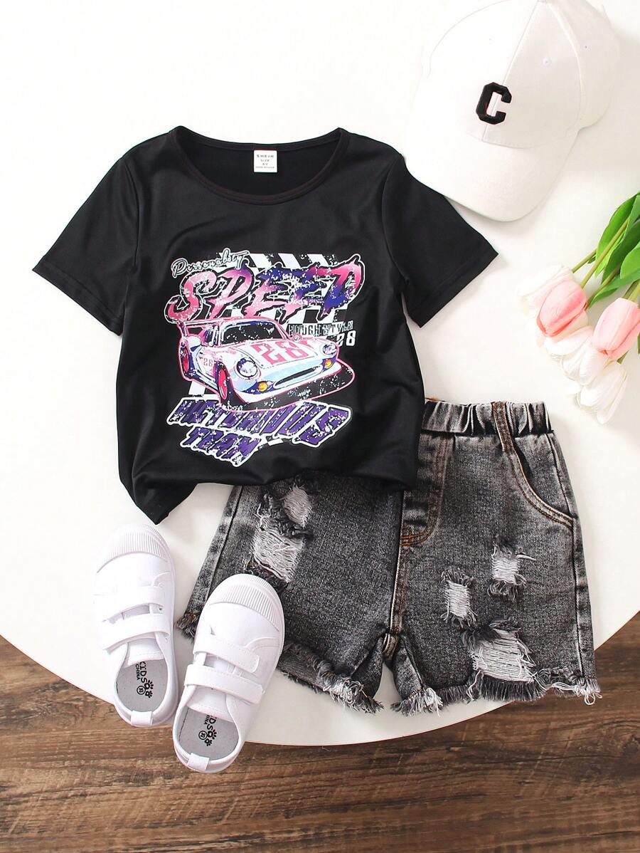 SHEIN Young Girl Summer Letter & Car Print Round Neck Short Sleeve T-Shirt And Ripped Shorts Casual Two Pieces Set - Black - View 1
