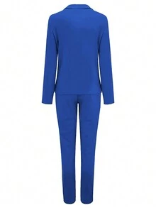 Women's Solid Color Lapel Collar Long Sleeve Blazer And Pants 2 Pieces Set - Royal Blue - View 2
