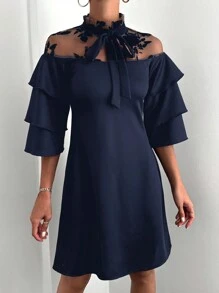 SHEIN Flocked Mesh Ribbon Insert Tie Neck Flare Sleeve Dress