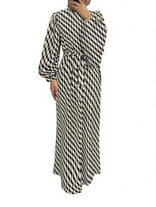Women's Contrast Wavy Print Lantern Sleeve Arabic Style Dress - Multicolor - View 3