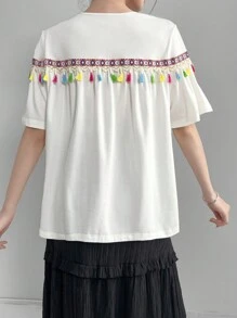 Seusyu 女士幾何圖形緞帶拼接流蘇裝飾t恤 - 白色 - 查看 2